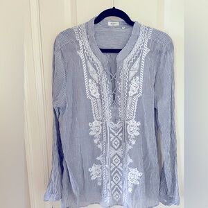 Boho Blue and White Striped Blouse. Women’s Large. Excellent condition.